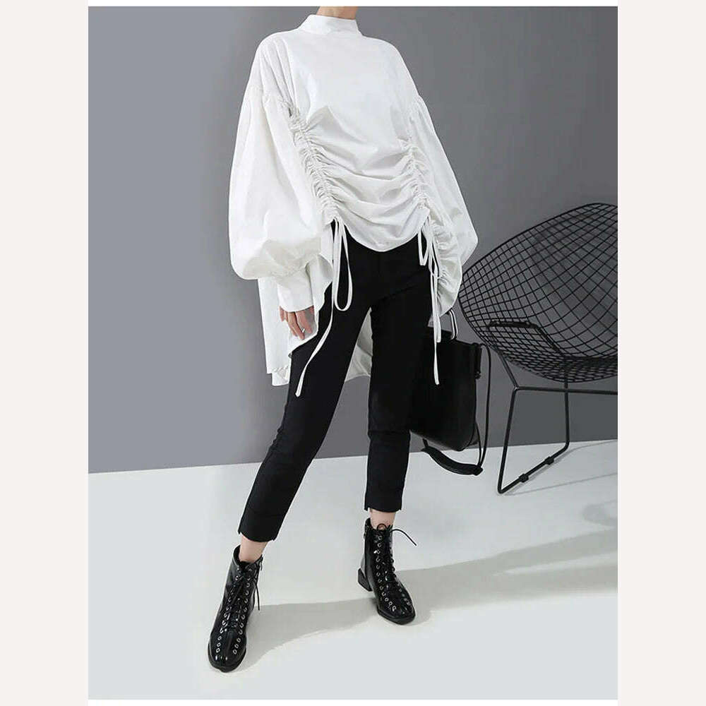 KIMLUD, [EAM] Women Back Long Drawstring Big Size Blouse New Satnd Collar Long Sleeve Loose Fit Shirt Fashion Spring Autumn 2024 1N242, KIMLUD Womens Clothes