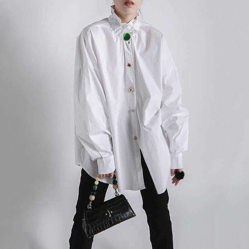 KIMLUD, [EAM] Women Big Size Button Decoration Blouse New Stand Collar Long Sleeve Loose Fit Shirt Fashion Spring Autumn 2024 1DD3478, White / One Size, KIMLUD APPAREL - Womens Clothes
