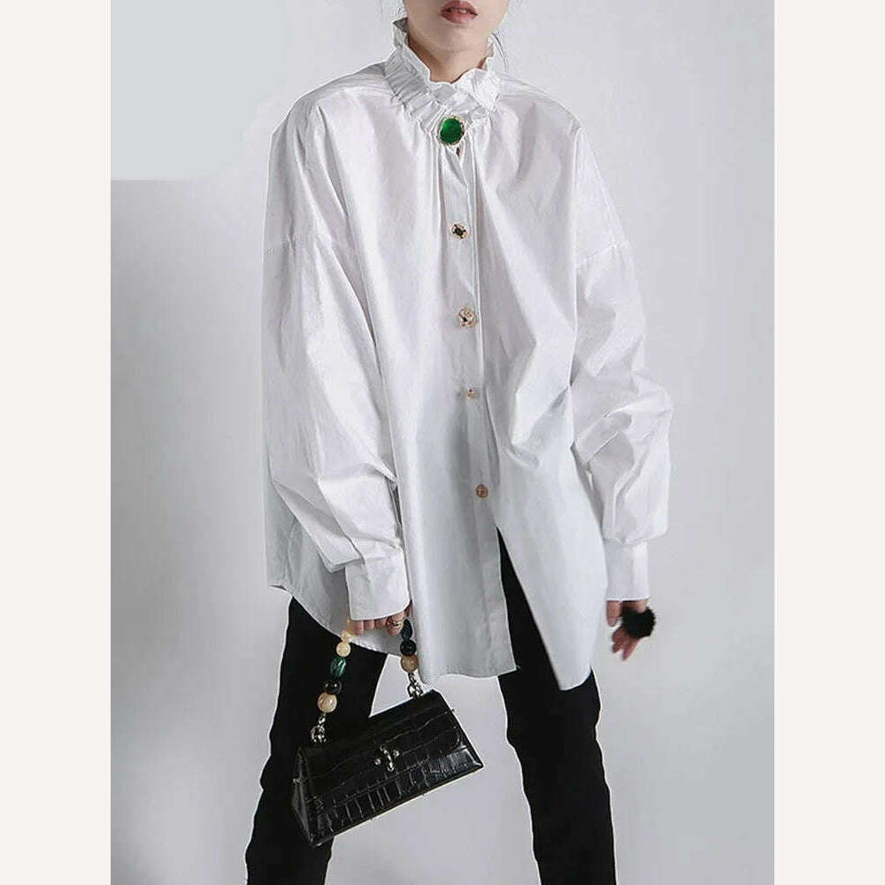 KIMLUD, [EAM] Women Big Size Button Decoration Blouse New Stand Collar Long Sleeve Loose Fit Shirt Fashion Spring Autumn 2024 1DD3478, KIMLUD Womens Clothes