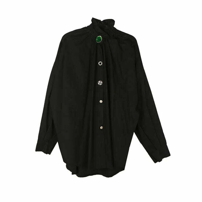 KIMLUD, [EAM] Women Big Size Button Decoration Blouse New Stand Collar Long Sleeve Loose Fit Shirt Fashion Spring Autumn 2024 1DD3478, KIMLUD Womens Clothes