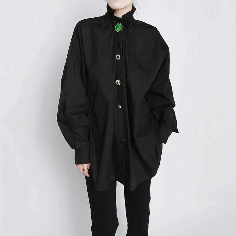 KIMLUD, [EAM] Women Big Size Button Decoration Blouse New Stand Collar Long Sleeve Loose Fit Shirt Fashion Spring Autumn 2024 1DD3478, Black / One Size, KIMLUD APPAREL - Womens Clothes