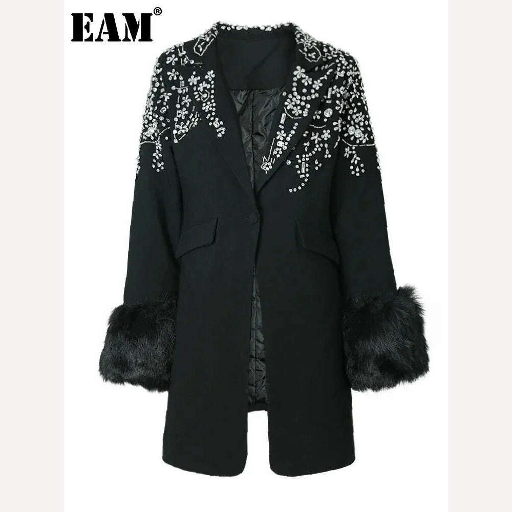 KIMLUD, [EAM]  Women Rhinestones Fur Collar Cotton-padded Blazer New Lapel Long Sleeve Jacket Fashion Tide Autumn Winter 2024 7B0410, KIMLUD Womens Clothes