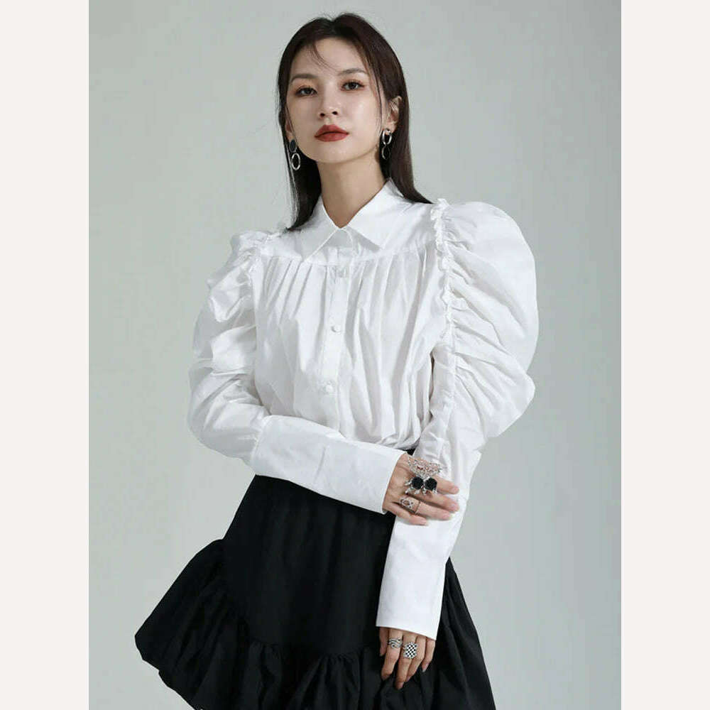 KIMLUD, [EAM] Women White Pleated Elegant Blouse New Lapel Long Puff Sleeve Loose Fit Shirt Fashion Tide Spring Autumn 2024 1DF6531, KIMLUD Womens Clothes
