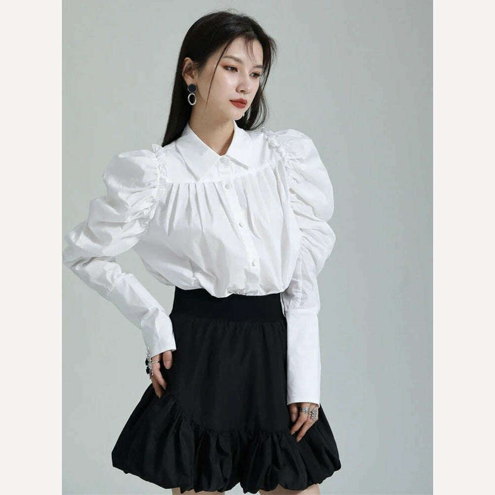 KIMLUD, [EAM] Women White Pleated Elegant Blouse New Lapel Long Puff Sleeve Loose Fit Shirt Fashion Tide Spring Autumn 2024 1DF6531, KIMLUD Womens Clothes
