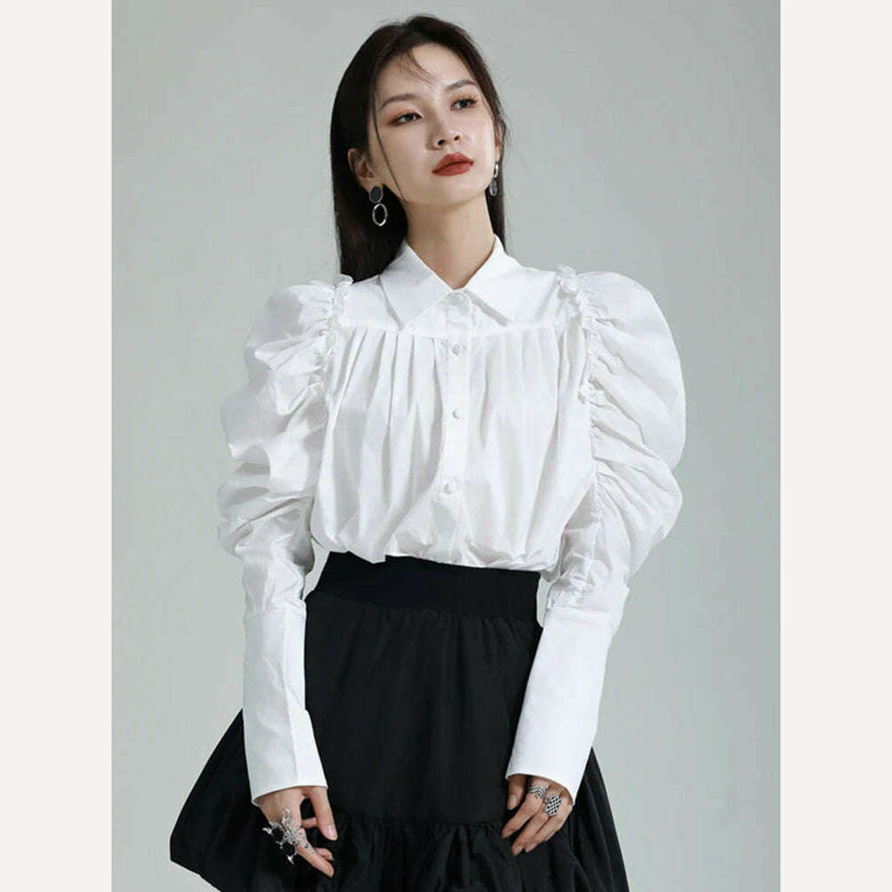 KIMLUD, [EAM] Women White Pleated Elegant Blouse New Lapel Long Puff Sleeve Loose Fit Shirt Fashion Tide Spring Autumn 2024 1DF6531, KIMLUD Womens Clothes