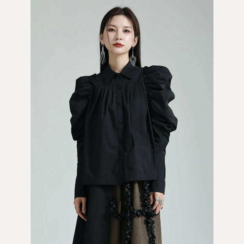KIMLUD, [EAM] Women White Pleated Elegant Blouse New Lapel Long Puff Sleeve Loose Fit Shirt Fashion Tide Spring Autumn 2024 1DF6531, KIMLUD Womens Clothes