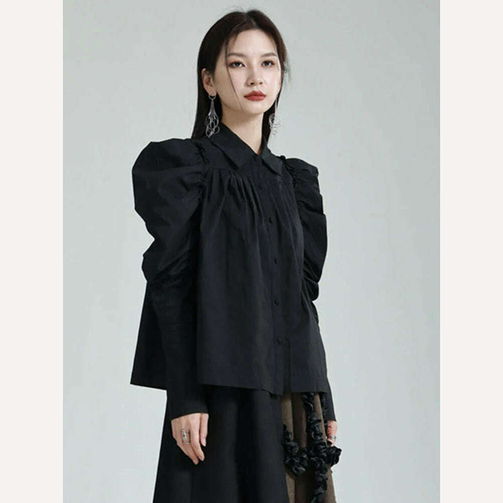 KIMLUD, [EAM] Women White Pleated Elegant Blouse New Lapel Long Puff Sleeve Loose Fit Shirt Fashion Tide Spring Autumn 2024 1DF6531, KIMLUD Womens Clothes