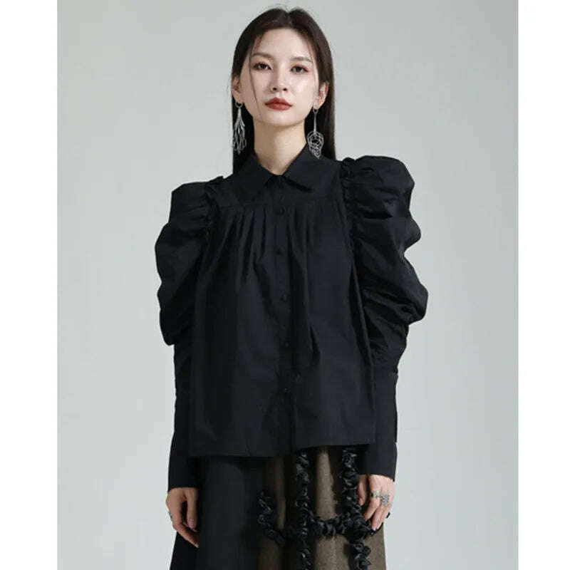 KIMLUD, [EAM] Women White Pleated Elegant Blouse New Lapel Long Puff Sleeve Loose Fit Shirt Fashion Tide Spring Autumn 2024 1DF6531, Black / M, KIMLUD APPAREL - Womens Clothes
