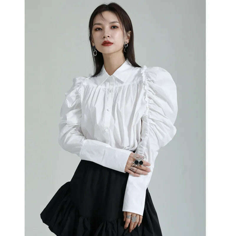 KIMLUD, [EAM] Women White Pleated Elegant Blouse New Lapel Long Puff Sleeve Loose Fit Shirt Fashion Tide Spring Autumn 2024 1DF6531, White / M, KIMLUD APPAREL - Womens Clothes