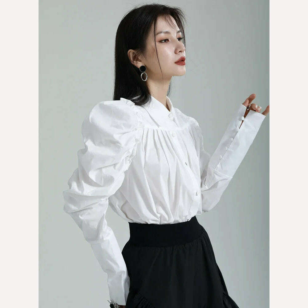 KIMLUD, [EAM] Women White Pleated Elegant Blouse New Lapel Long Puff Sleeve Loose Fit Shirt Fashion Tide Spring Autumn 2024 1DF6531, KIMLUD Womens Clothes