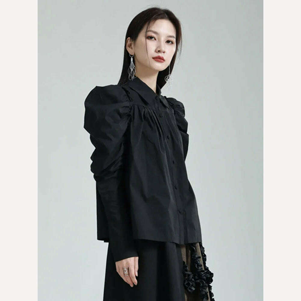 KIMLUD, [EAM] Women White Pleated Elegant Blouse New Lapel Long Puff Sleeve Loose Fit Shirt Fashion Tide Spring Autumn 2024 1DF6531, KIMLUD Womens Clothes