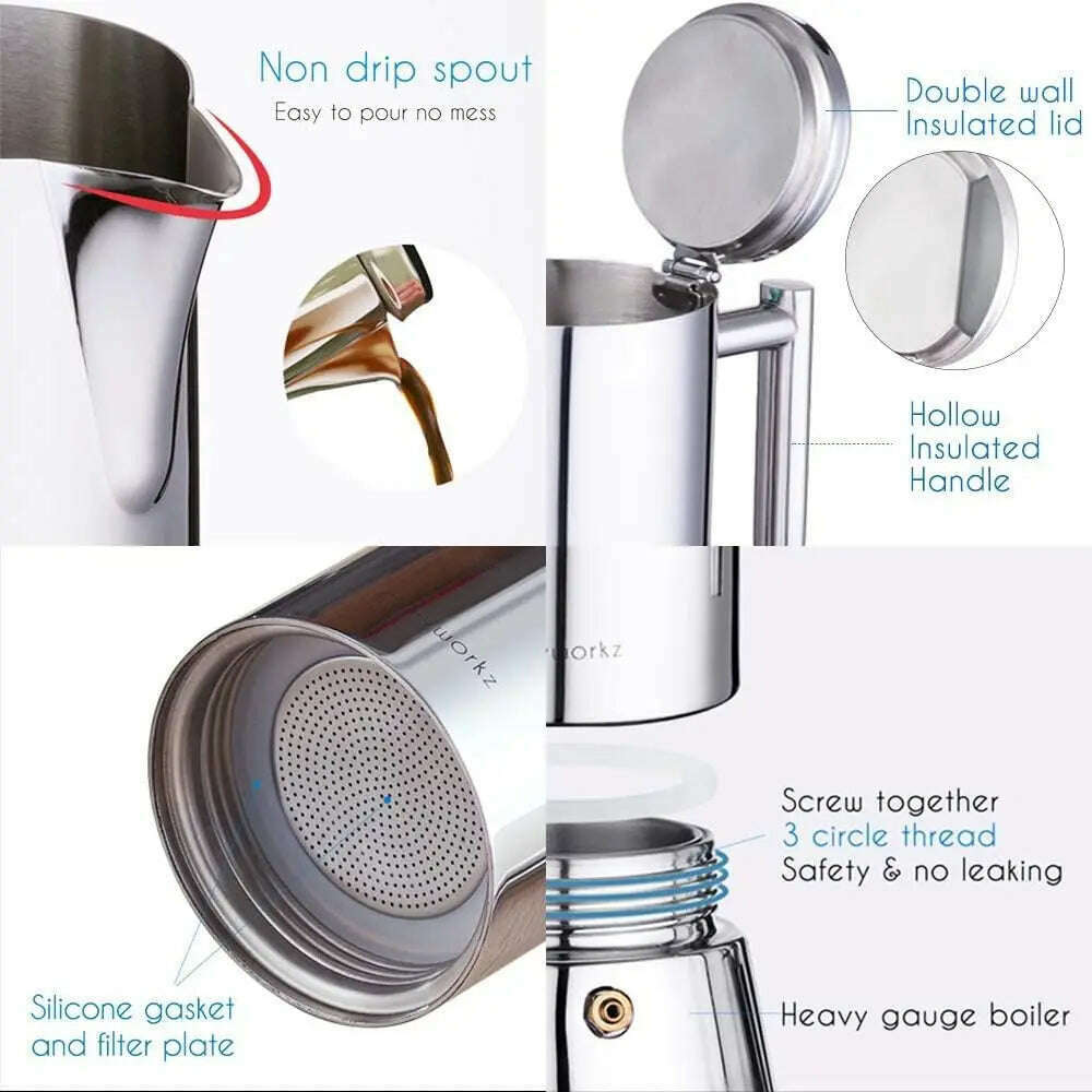 Easyworkz Diego Stovetop Espresso Maker Stainless Steel Italian Coffee Machine Maker 4Cup 6.8 oz Induction Moka Pot - KIMLUD