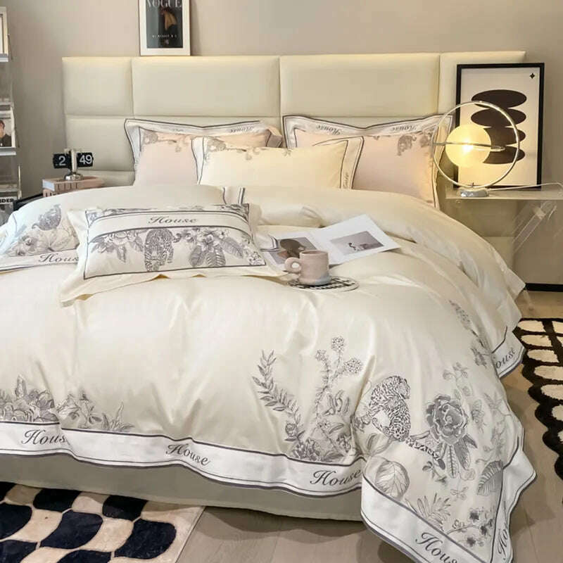 KIMLUD, Egyptian cotton Bedding Set Embroidery splicing corner Duvet Cover long-staple cotton BedSheet Flat sheet Pillowcases Bed sets, KIMLUD Womens Clothes