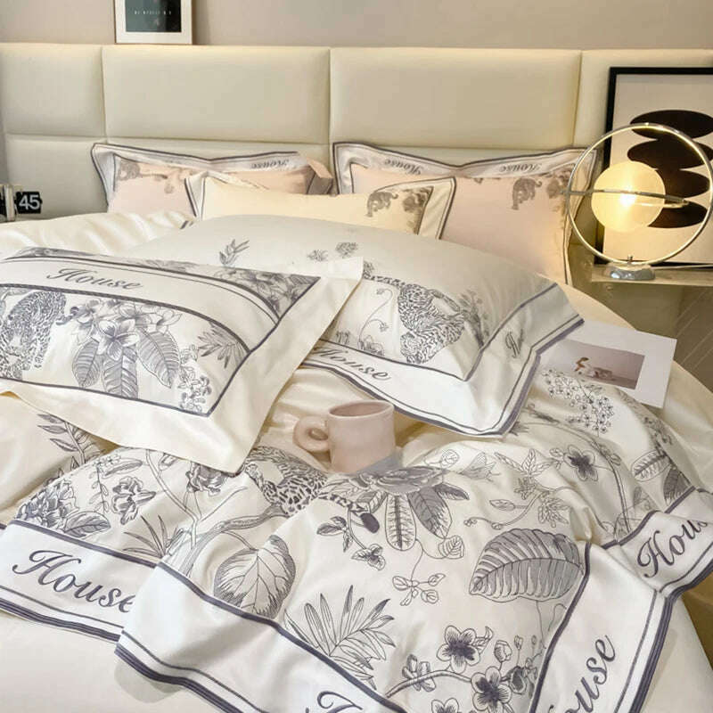 KIMLUD, Egyptian cotton Bedding Set Embroidery splicing corner Duvet Cover long-staple cotton BedSheet Flat sheet Pillowcases Bed sets, KIMLUD Womens Clothes