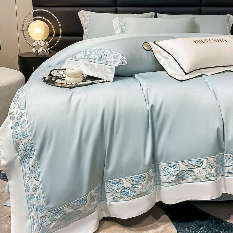 KIMLUD, Egyptian Cotton Bedding Set Luxury High Quality Pure Cotton Embroidery Duvet Cover Bed Sheets and Pillowcases Bed Comforter Set, KIMLUD Women's Clothes