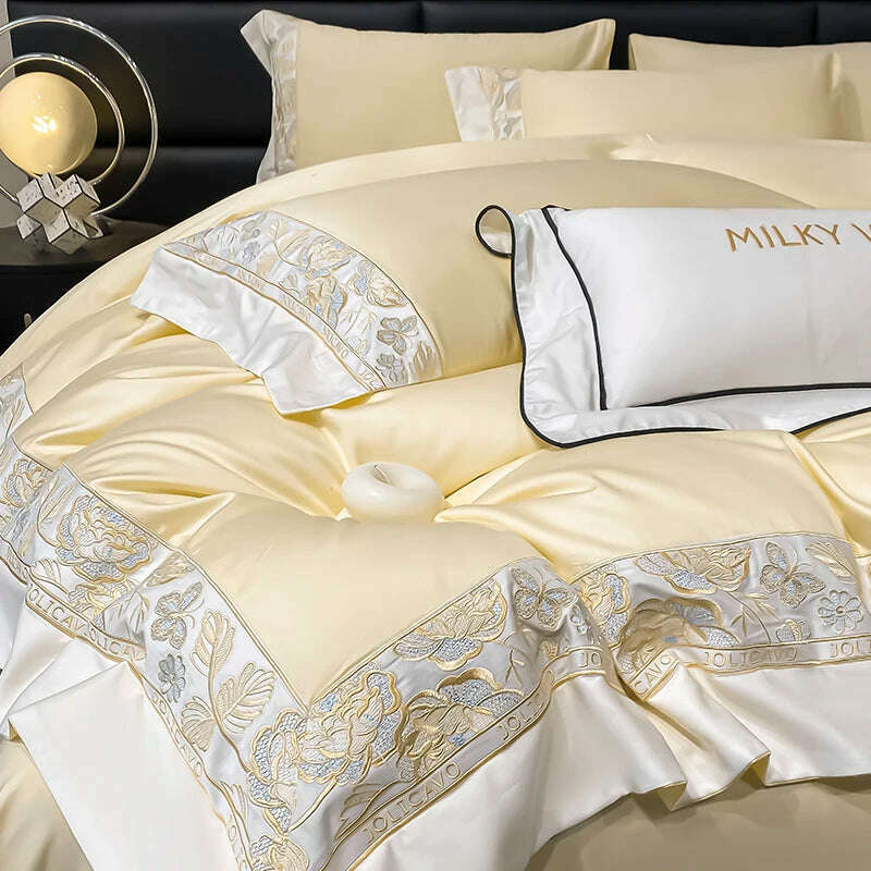 KIMLUD, Egyptian Cotton Bedding Set Luxury High Quality Pure Cotton Embroidery Duvet Cover Bed Sheets and Pillowcases Bed Comforter Set, Yellow / Full 200x230cm 4pcs / Flat Bed Sheet, KIMLUD Women's Clothes