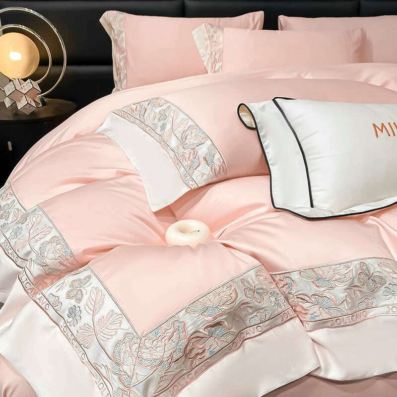 KIMLUD, Egyptian Cotton Bedding Set Luxury High Quality Pure Cotton Embroidery Duvet Cover Bed Sheets and Pillowcases Bed Comforter Set, Pink / Full 200x230cm 4pcs / Flat Bed Sheet, KIMLUD Womens Clothes