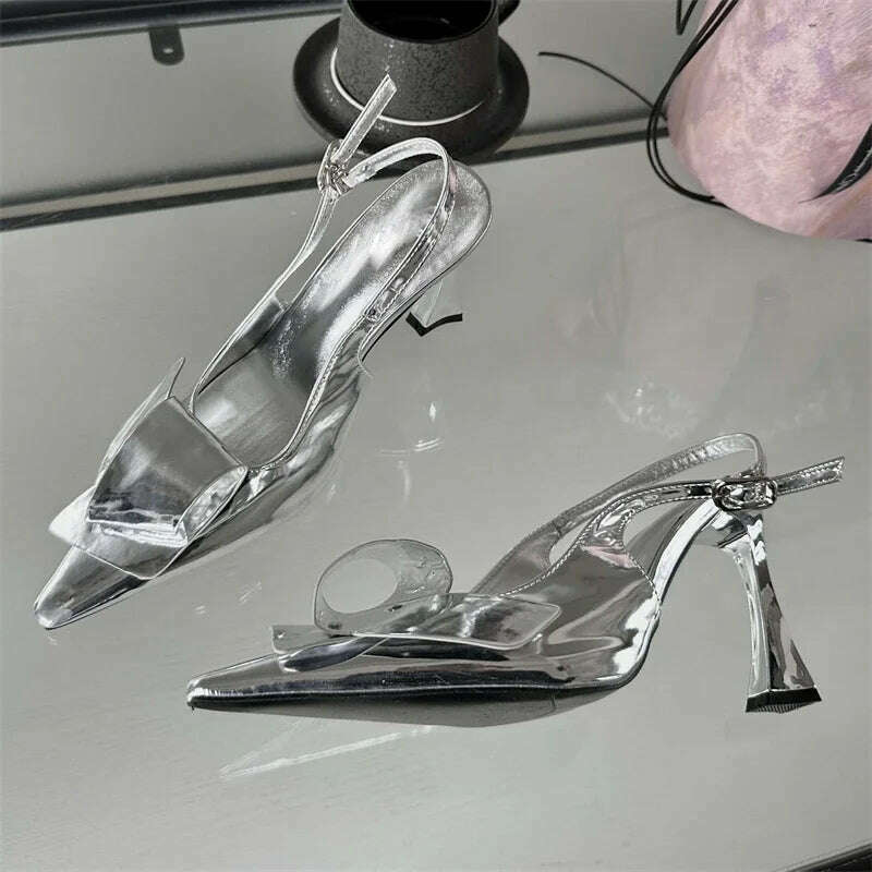 KIMLUD, Eilyken 2024 New Design Splicing Rivet Buckle Strap Women Pumps Thin High Heels Pointed Toe Stripper Elegant Party Shoes, Silver / 37, KIMLUD Womens Clothes