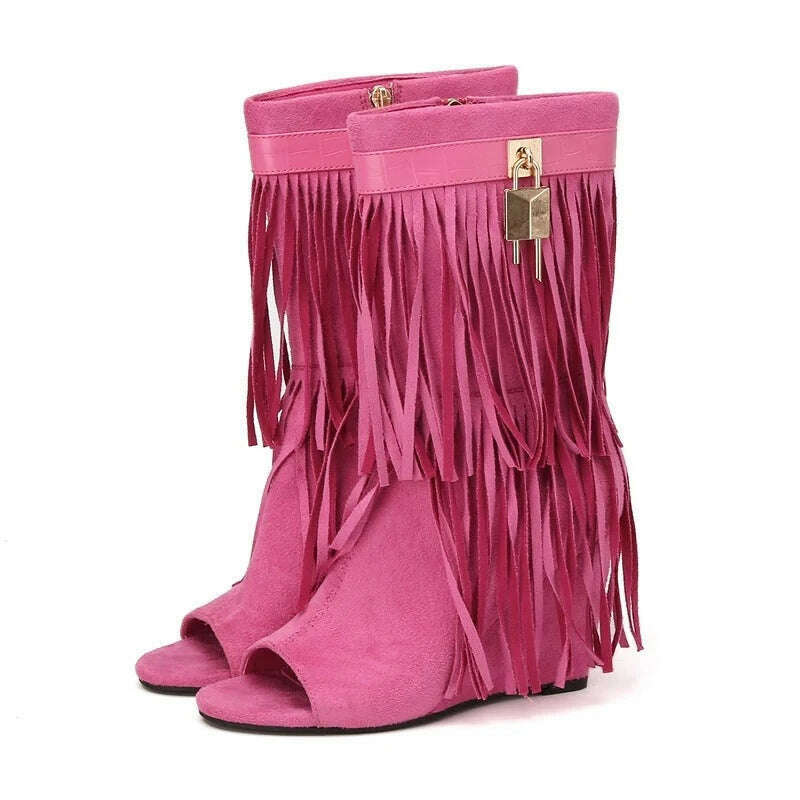 Eilyken Designer Fringe Wedges Boot Sandals Woman High Heels Open Toe Party Prom Shoes 2024 Sexy Zipper Female Pumps - KIMLUD