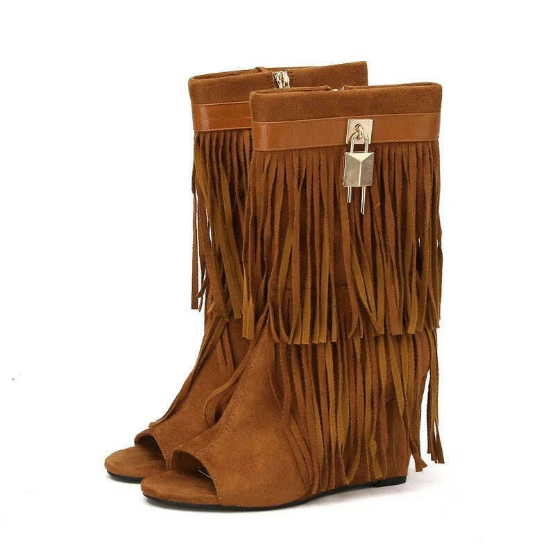 KIMLUD, Eilyken Designer Fringe Wedges  Boot Sandals Woman High Heels Open Toe Party Prom Shoes 2024 Sexy Zipper Female Pumps, Brown / 40, KIMLUD Women's Clothes