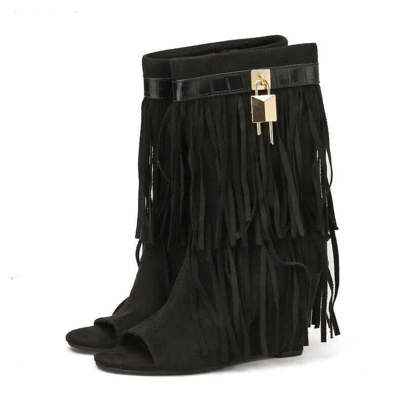 KIMLUD, Eilyken Designer Fringe Wedges  Boot Sandals Woman High Heels Open Toe Party Prom Shoes 2024 Sexy Zipper Female Pumps, Black / 36, KIMLUD Women's Clothes