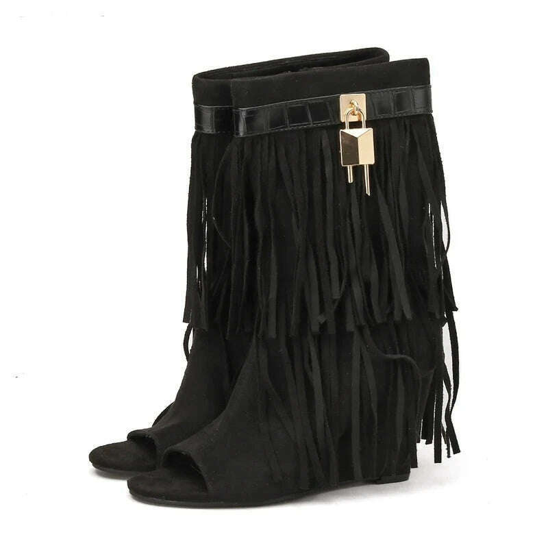 Eilyken Designer Fringe Wedges Boot Sandals Woman High Heels Open Toe Party Prom Shoes 2024 Sexy Zipper Female Pumps - KIMLUD