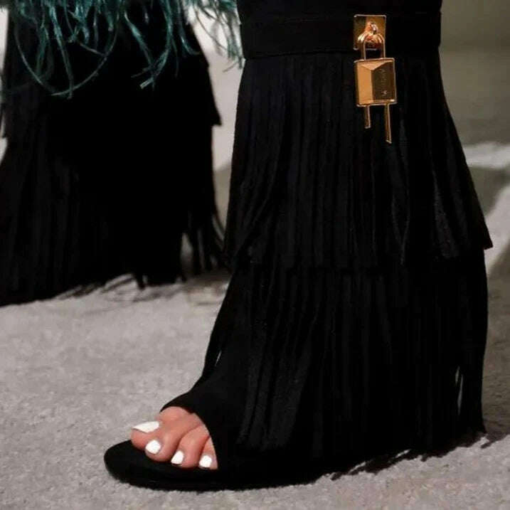 Eilyken Designer Fringe Wedges Boot Sandals Woman High Heels Open Toe Party Prom Shoes 2024 Sexy Zipper Female Pumps - KIMLUD