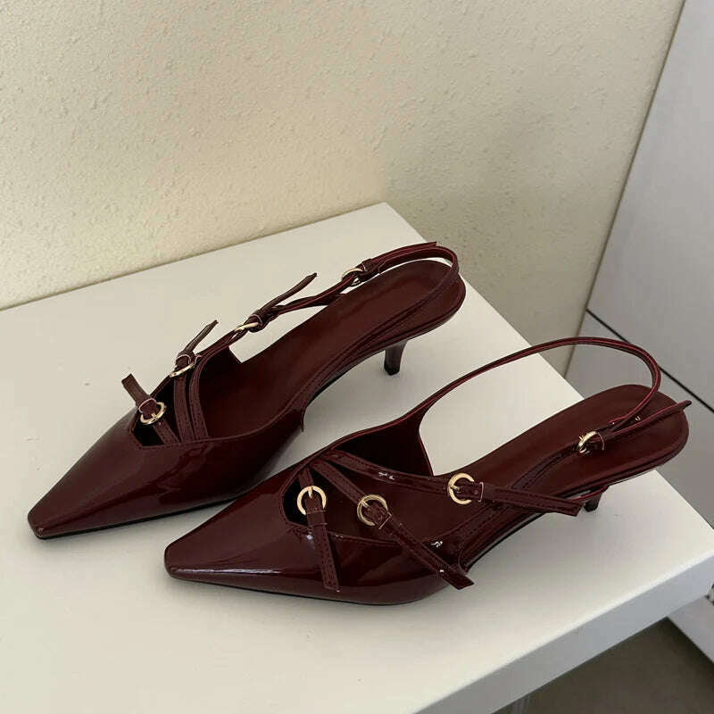 KIMLUD, Eilyken Designer Narrow Band Buckle Strap Pumps Women Sexy Pointed Toe Thin Heels Wedding Banquet Dress Mule Ladies Shoes, Red / 42, KIMLUD APPAREL - Womens Clothes