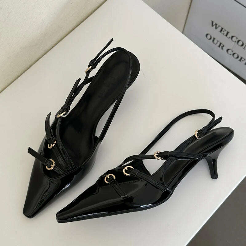 KIMLUD, Eilyken Designer Narrow Band Buckle Strap Pumps Women Sexy Pointed Toe Thin Heels Wedding Banquet Dress Mule Ladies Shoes, Black / 42, KIMLUD APPAREL - Womens Clothes