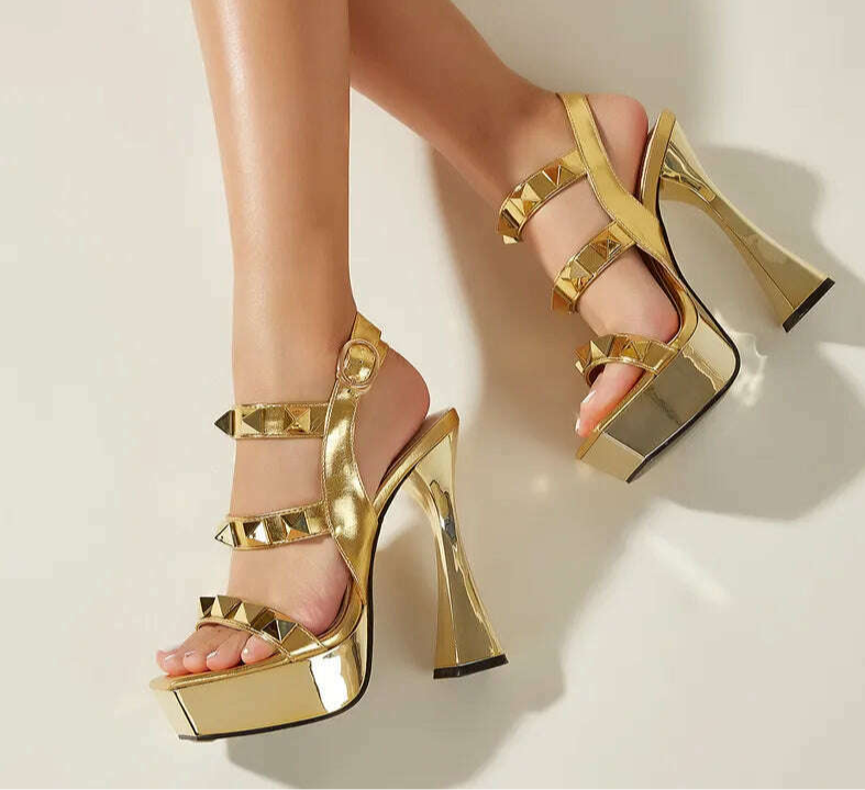 Eilyken Fashion Gold Rivet Open Toe Ankle Buckle Strap Platform High Heels Women Sandals Ladies Nightclub Party Dress Shoes - KIMLUD
