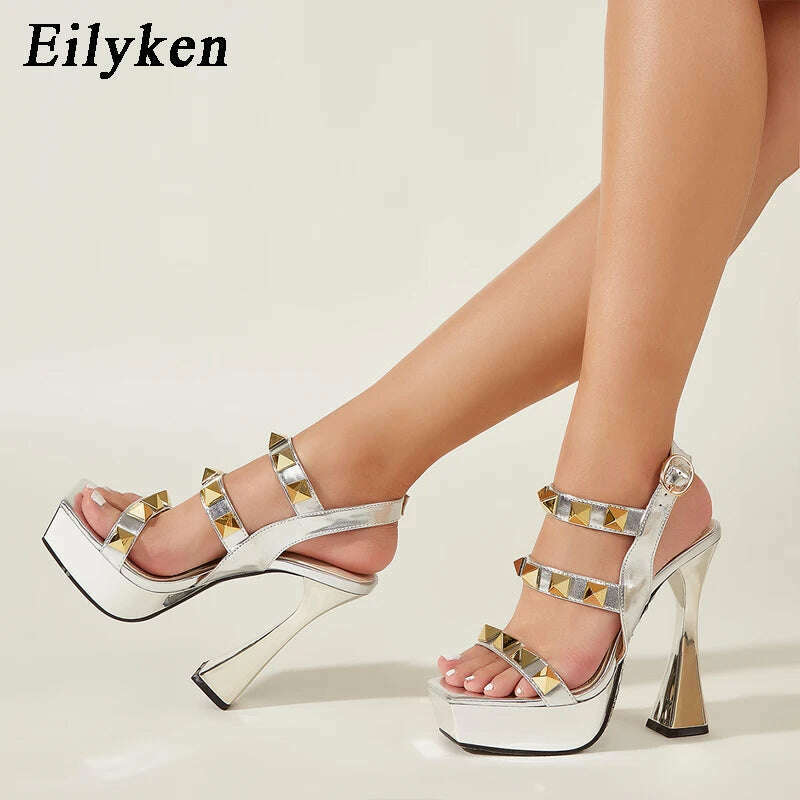 KIMLUD, Eilyken Fashion Gold Rivet Open Toe Ankle Buckle Strap Platform High Heels Women Sandals Ladies Nightclub Party Dress Shoes, KIMLUD Womens Clothes