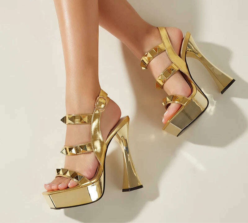 Eilyken Fashion Gold Rivet Open Toe Ankle Buckle Strap Platform High Heels Women Sandals Ladies Nightclub Party Dress Shoes - KIMLUD