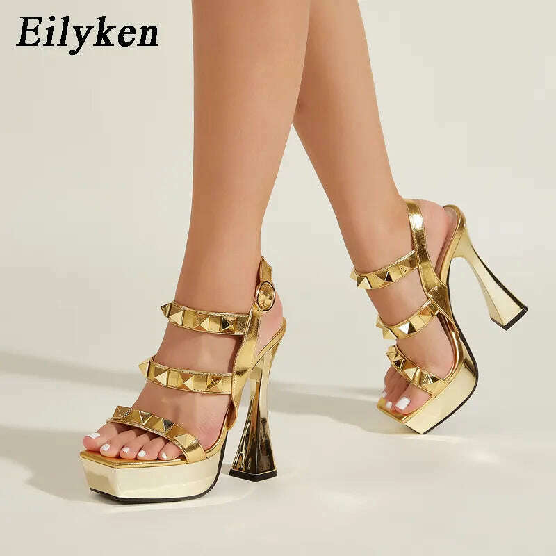KIMLUD, Eilyken Fashion Gold Rivet Open Toe Ankle Buckle Strap Platform High Heels Women Sandals Ladies Nightclub Party Dress Shoes, KIMLUD Women's Clothes