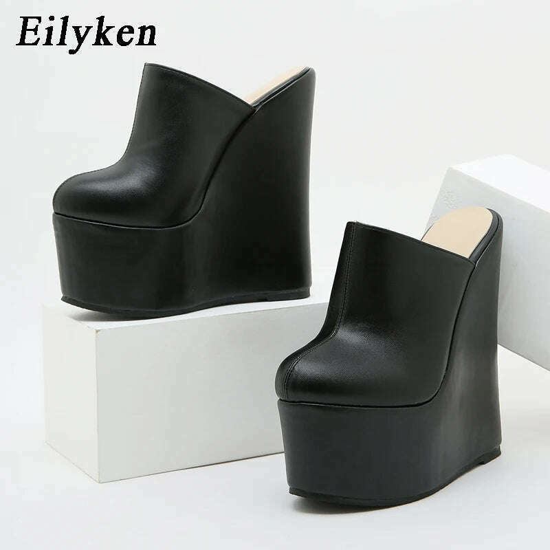 KIMLUD, Eilyken Platform Wedge Round Head Pumps Slippers Summer Woman Sexy Super High Sandal Shoes Black 35-42, KIMLUD Women's Clothes
