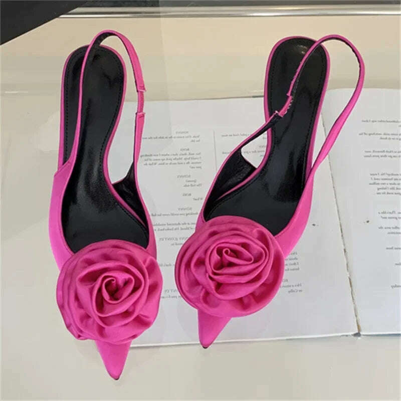 KIMLUD, Eilyken Satin Slingback Women Pumps Sexy Design Flowers Pointed Toe Thin High Heels Banquet Wedding Mule Ladies Shoes, Rose Red / 37, KIMLUD Womens Clothes