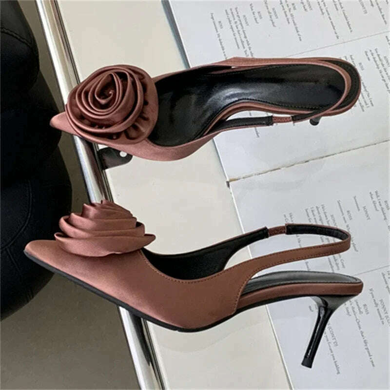 KIMLUD, Eilyken Satin Slingback Women Pumps Sexy Design Flowers Pointed Toe Thin High Heels Banquet Wedding Mule Ladies Shoes, KIMLUD Womens Clothes