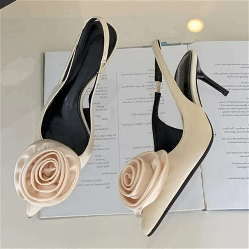 KIMLUD, Eilyken Satin Slingback Women Pumps Sexy Design Flowers Pointed Toe Thin High Heels Banquet Wedding Mule Ladies Shoes, KIMLUD Womens Clothes