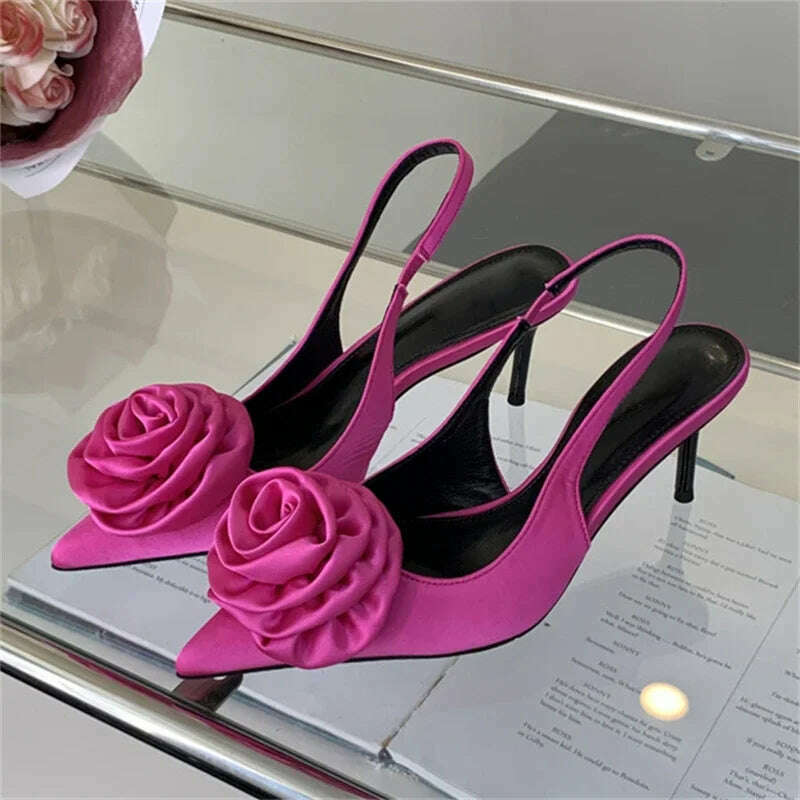 KIMLUD, Eilyken Sexy Silk Slingback Pointed Toe Women Pumps Fashion Design Flowers Thin High Heels Banquet Prom Shoes, KIMLUD Women's Clothes
