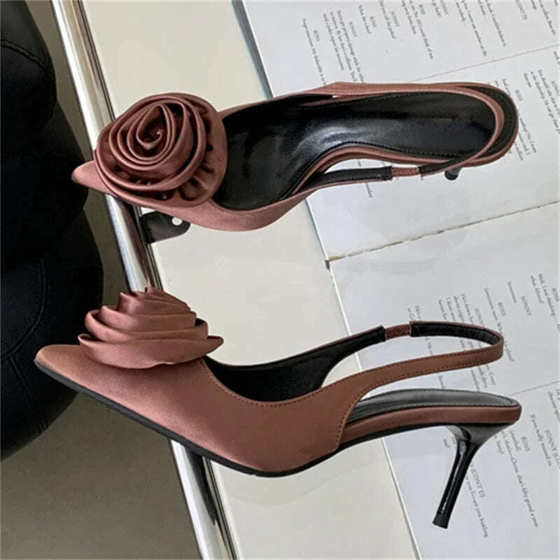 KIMLUD, Eilyken Sexy Silk Slingback Pointed Toe Women Pumps Fashion Design Flowers Thin High Heels Banquet Prom Shoes, KIMLUD Womens Clothes