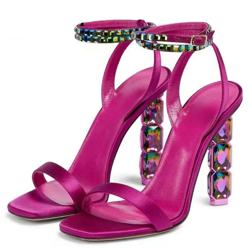 Eilyken Summer Crystal Embellished High Heel Sandals Women Diamond Open Toe Ankle Strap Silk Satin Rhinestone Banquet Shoes - KIMLUD