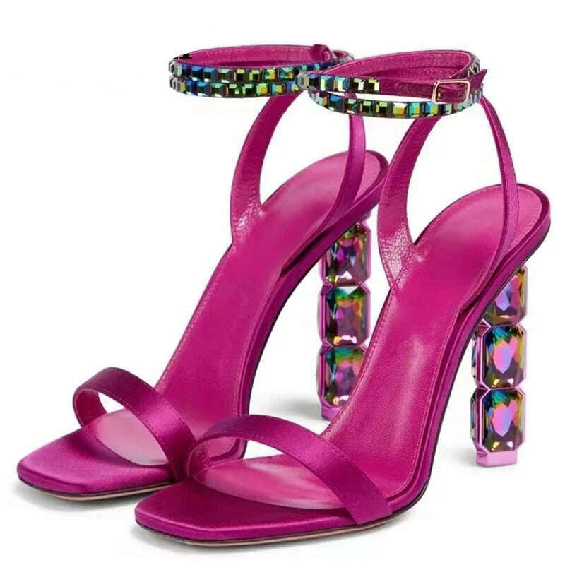 Eilyken Summer Crystal Embellished High Heel Sandals Women Diamond Open Toe Ankle Strap Silk Satin Rhinestone Banquet Shoes - KIMLUD
