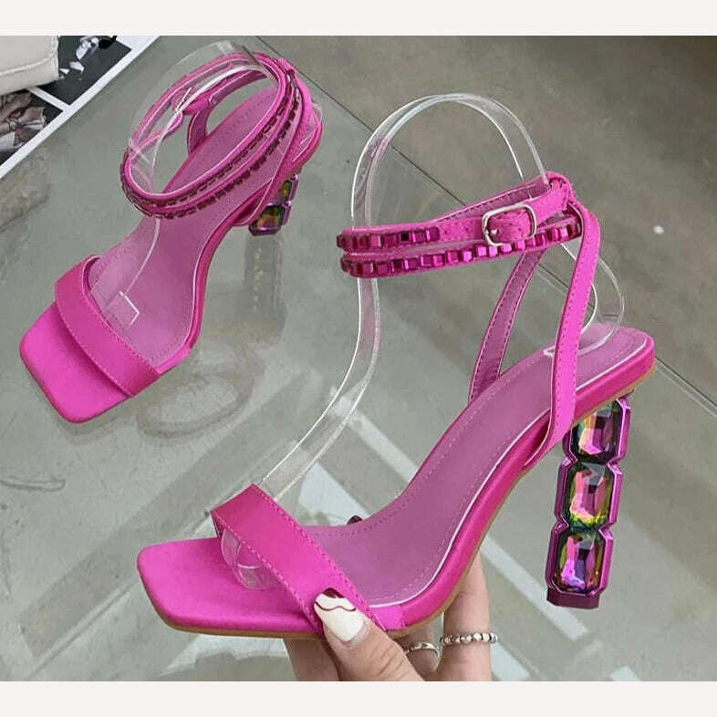 Eilyken Summer Crystal Embellished High Heel Sandals Women Diamond Open Toe Ankle Strap Silk Satin Rhinestone Banquet Shoes - KIMLUD