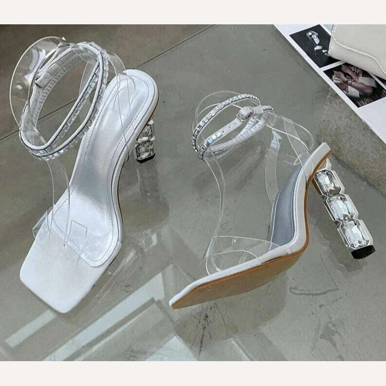 Eilyken Summer Crystal Embellished High Heel Sandals Women Diamond Open Toe Ankle Strap Silk Satin Rhinestone Banquet Shoes - KIMLUD