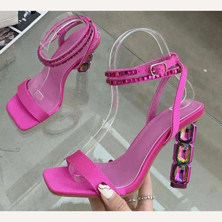 Eilyken Summer Crystal Embellished High Heel Sandals Women Diamond Open Toe Ankle Strap Silk Satin Rhinestone Banquet Shoes - KIMLUD