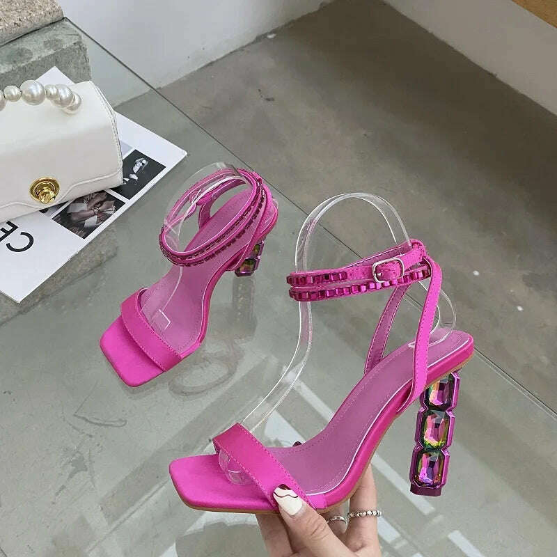 Eilyken Summer Crystal Embellished High Heel Sandals Women Diamond Open Toe Ankle Strap Silk Satin Rhinestone Banquet Shoes - KIMLUD