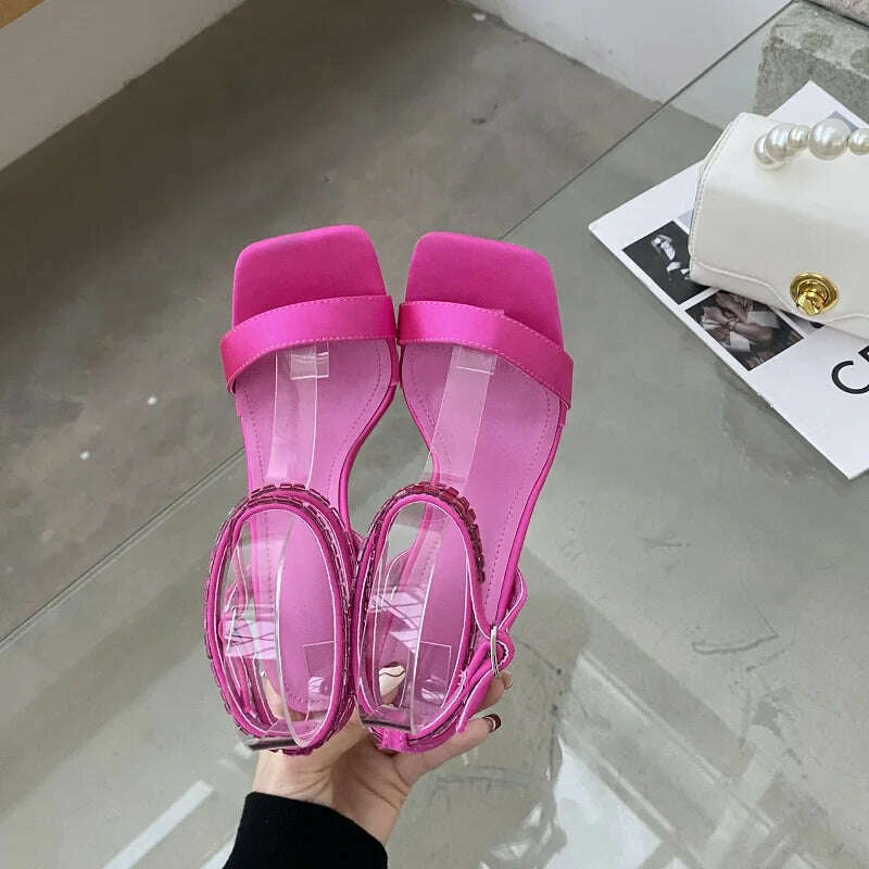 Eilyken Summer Crystal Embellished High Heel Sandals Women Diamond Open Toe Ankle Strap Silk Satin Rhinestone Banquet Shoes - KIMLUD