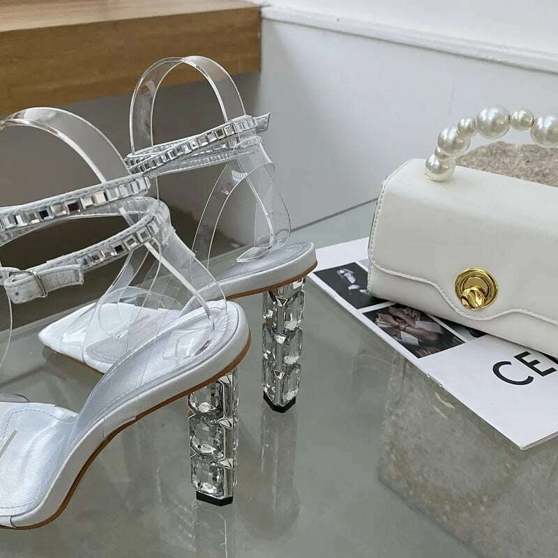 Eilyken Summer Crystal Embellished High Heel Sandals Women Diamond Open Toe Ankle Strap Silk Satin Rhinestone Banquet Shoes - KIMLUD