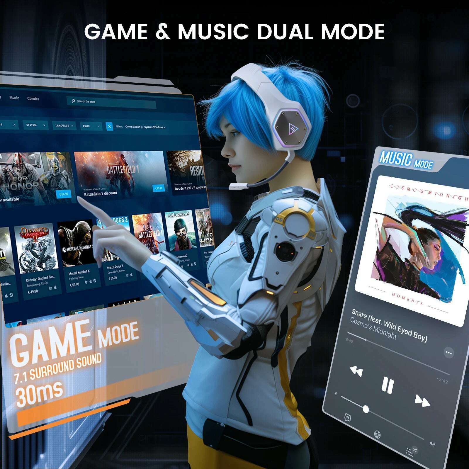 KIMLUD, EKSA E1000 WT 2.4G Low Latency Wireless+Wired Gaming Headphones for PC/PS4/PS5/Xbox, 7.1 Surround Headset Gamer with Microphone, KIMLUD Womens Clothes
