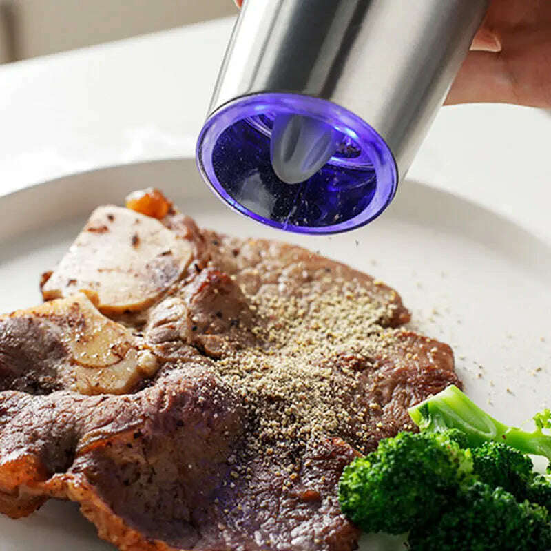 Electric Automatic Mill Spice Salt and Pepper Grinder Gravity LED Light Adjustable Coarseness Kitchen Steak Tool Sets - KIMLUD