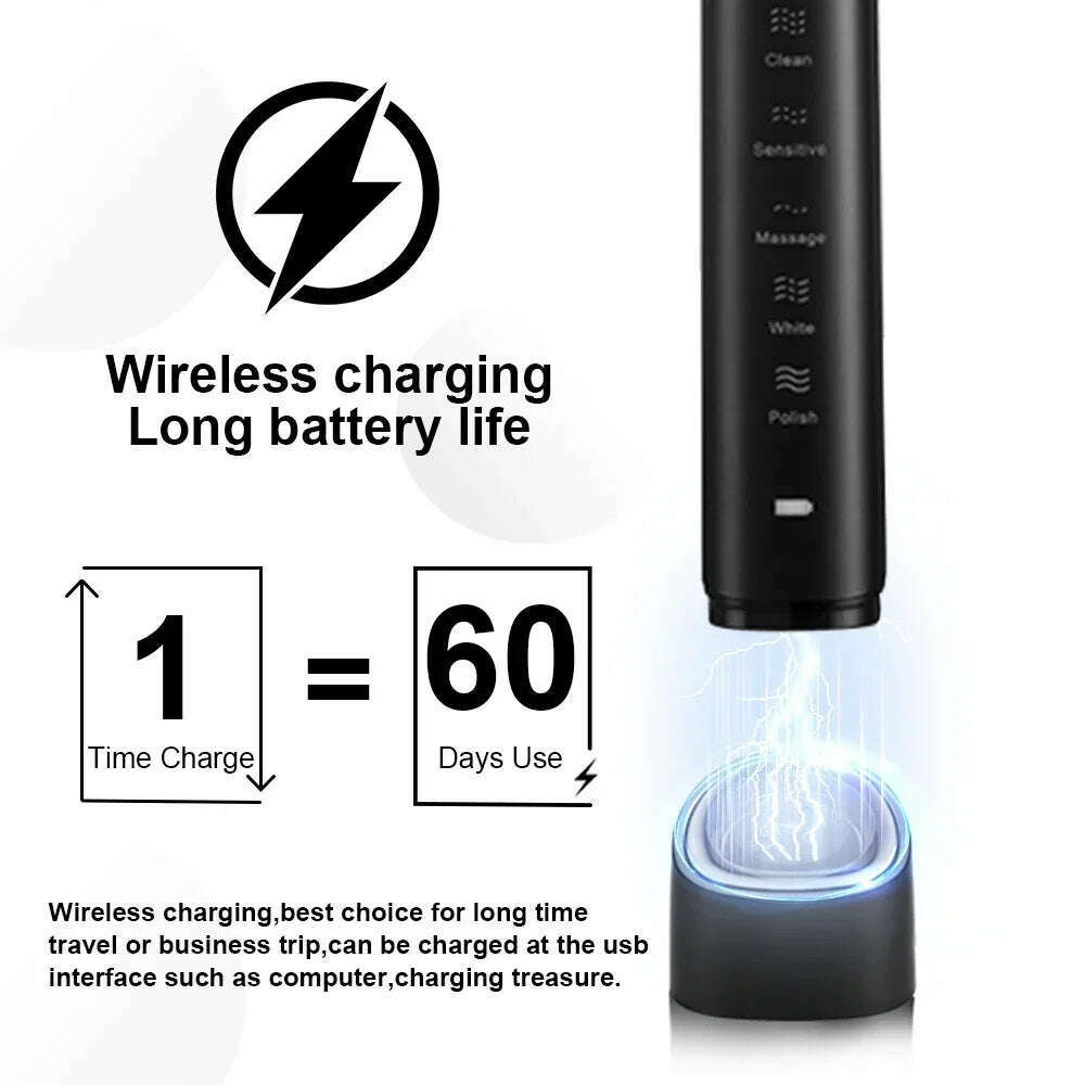 Electric Sonic Toothbrush Adult Rechargeable Smart Ultrasonic Dental Teeth Whitening 8 Brush Heads Tooth Brush - KIMLUD